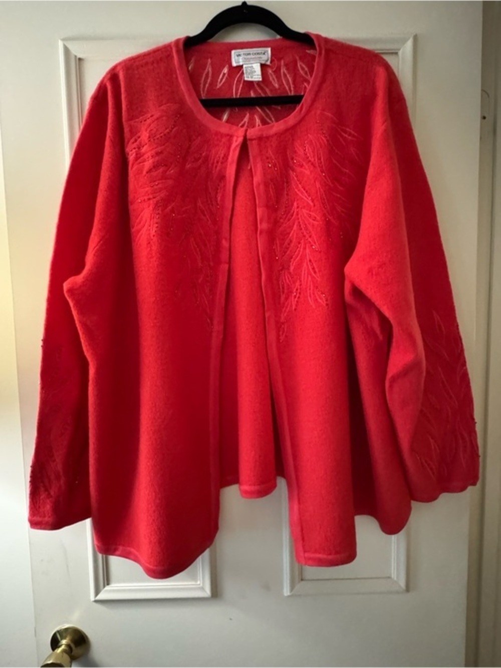 Victor Costa Vibrant Red/Orange Embroidered Open-Front Cardigan Size 2x